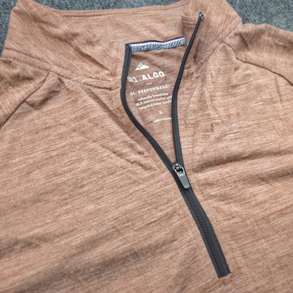 01.Algo Mens Small Brown Merino Wool Blend Quarter Zip Pullover Athletic Hiking